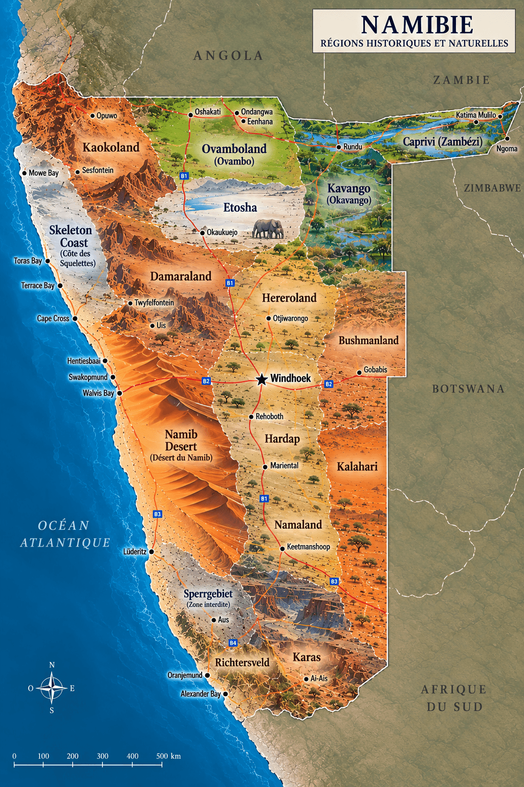 Carte illustrée de la Namibie : régions historiques et naturelles